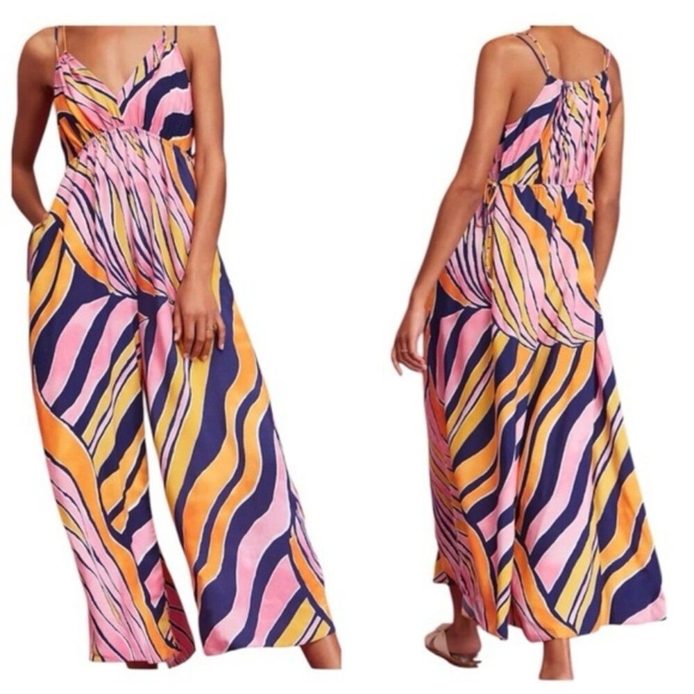 Maeve Anthropologie Finley Wide Leg Jumpsuit Womens 6 Abstract Print V-Neck